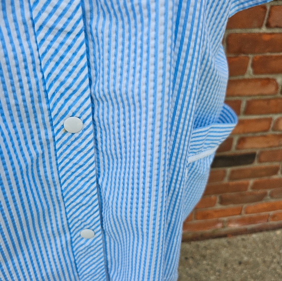 VTG Anthony Richards Snap Button Seersucker Stripe House Dress Size L-XL Fit - Picture 15 of 16